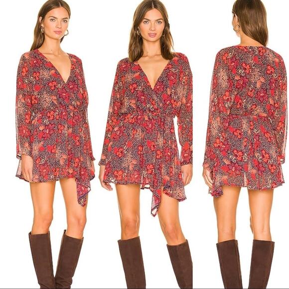 Free People Teegan Floral Bohemian Mini Dress in Peach Combo Medium - Picture 1 of 8